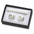 2 Tone Silver Rectangle Metal Cufflinks w/ Matching Tie Clip